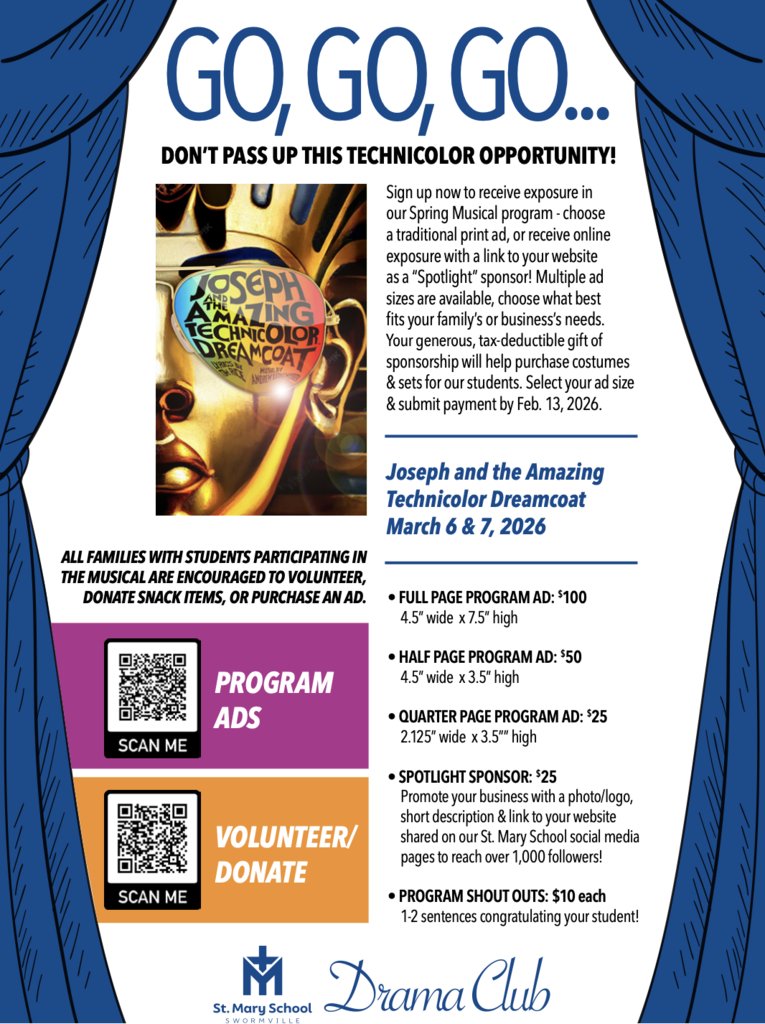 SMSSwormville's tweet image. Tickets for Joseph &amp;amp; the Amazing Technicolor Dreamcoat are NOW ON SALE!

🎭 🌈🧥✨TICKETS: $10 EACH
Click to purchase tickets: stmaryschoolswormville.org/drama
Click to purchase program ads before 2/13: tinyurl.com/28xvdsas 

#joseph #dramaclub #springmusical