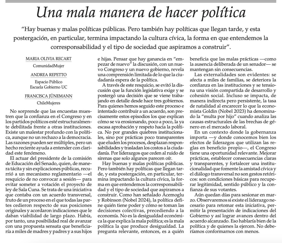 EsPublicoCL's tweet photo. 📣 #SalaCuna "Hay buenas y malas políticas públicas. Pero también hay políticas que llegan tarde, y esta postergación, en particular, termina impactando la cultura cívica, la forma en que entendemos la corresponsabilidad y el tipo de sociedad que aspiramos a construir", señala la columna de nuestra directora #AndreaRepetto junto a @OliviaRecart y @fca_junemann en @__elmercurio👇🏼