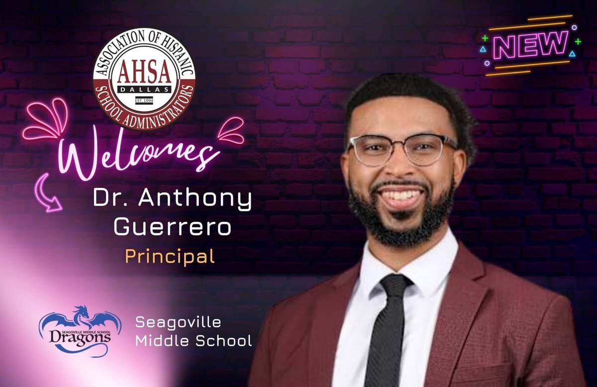 ahsadallas's tweet photo. Welcome to AHSA, Dr. Anthony Guerrero, principal of Seagoville Middle School! Recently defending his dissertation, Anthony has joined the ranks of Doctor. We are extremely proud of the perseverance. Let's go, Dragons! #goaldigging https://t.co/UIY53GOxf7