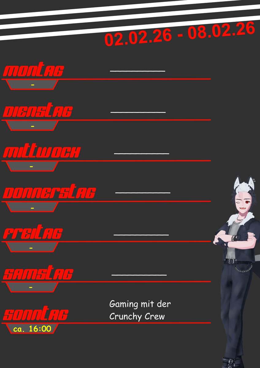 Ist das lange her, dass ich einen Streamplan hochgeladen habe XD Ich kann euch noch nicht genaus sagen, wann ich zum alten Rythmus zurück gehe (keine Sorge, so lang wirds nicht dauern^^)  Aber fürs erste werde ich wieder jeden Sonntag streamen 📷  Und diesen Sonntag geht es los.