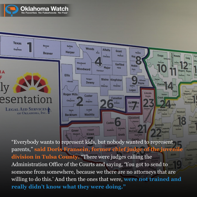 OklahomaWatch's tweet photo. Oklahoma's Family Representation Advocacy Program expanded to 50 counties in February but needs $5.5 million more to reach all 77 counties. The program provides attorneys, social workers and peer mentors for parents whose children are removed by the state. Rural judges once lured lawyers with breakfast burritos.

https://t.co/NHDcciSaZi