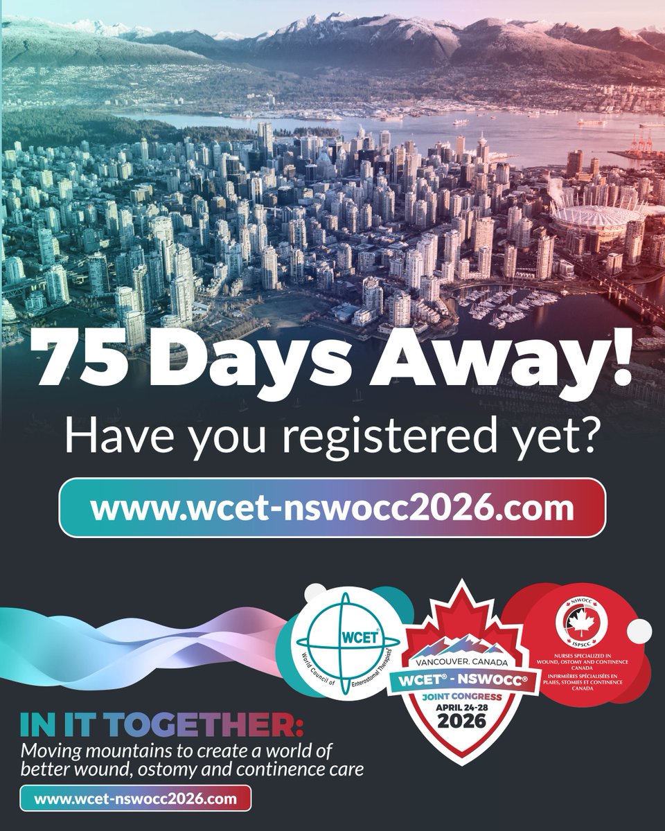 NSWOC's tweet photo. Only 75 days to go!
The countdown is on to #WCETNSWOC2026 in Vancouver. With just 75 days left, now’s the time to make sure you’re registered and ready to go.
Register today! https://t.co/WJhW6Ld4Kq
#WCETNSWOCC2026 #MovingMountains #WoundCare #OstomyCare #ContinenceCare https://t.co/cc8CfDkIZB