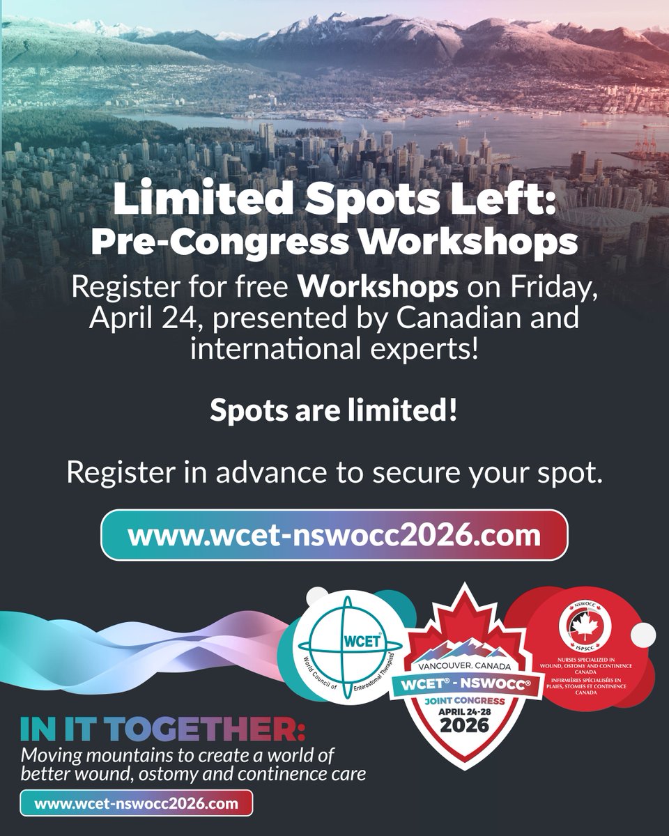 NSWOC's tweet photo. Only 75 days to go!
The countdown is on to #WCETNSWOC2026 in Vancouver. With just 75 days left, now’s the time to make sure you’re registered and ready to go.
Register today! https://t.co/WJhW6Ld4Kq
#WCETNSWOCC2026 #MovingMountains #WoundCare #OstomyCare #ContinenceCare https://t.co/cc8CfDkIZB