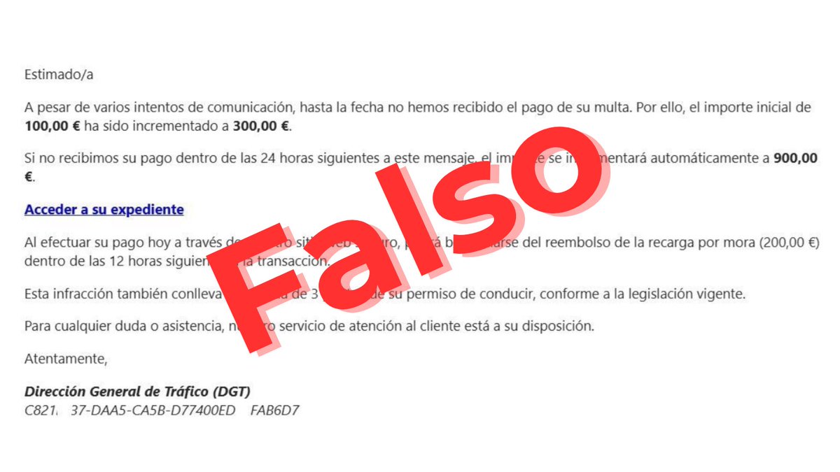 🎣Alerta FRAUDE‼️Muchos usuarios están recibiendo correos electrónicos que suplantan a la #DGT solicitando el pago de una multa.
❌ FALSO‼️ La #DGT no envía notificaciones de sanciones por email ni SMS. Solo a través de correo postal o Dirección Electrónica Vial #DEV.