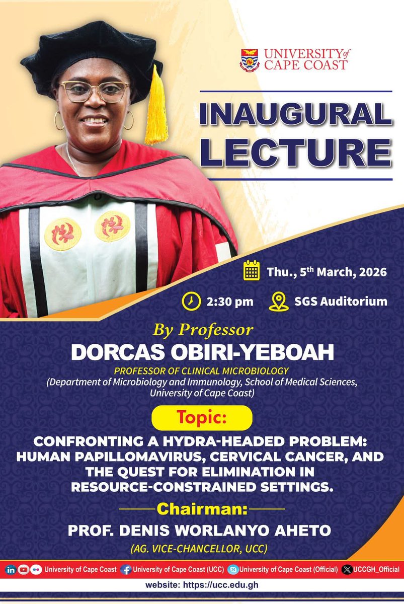 UCCGH_Official's tweet photo. The upcoming inaugural lecture to be delivered by Prof. Dorcas Obiri‑Yeboah will be live‑streamed on TVUCC on YouTube, as well as on all UCC social media pages. 

Everyone is invited.

(KINDLY SHARE) https://t.co/l3DhxCy3Zg
