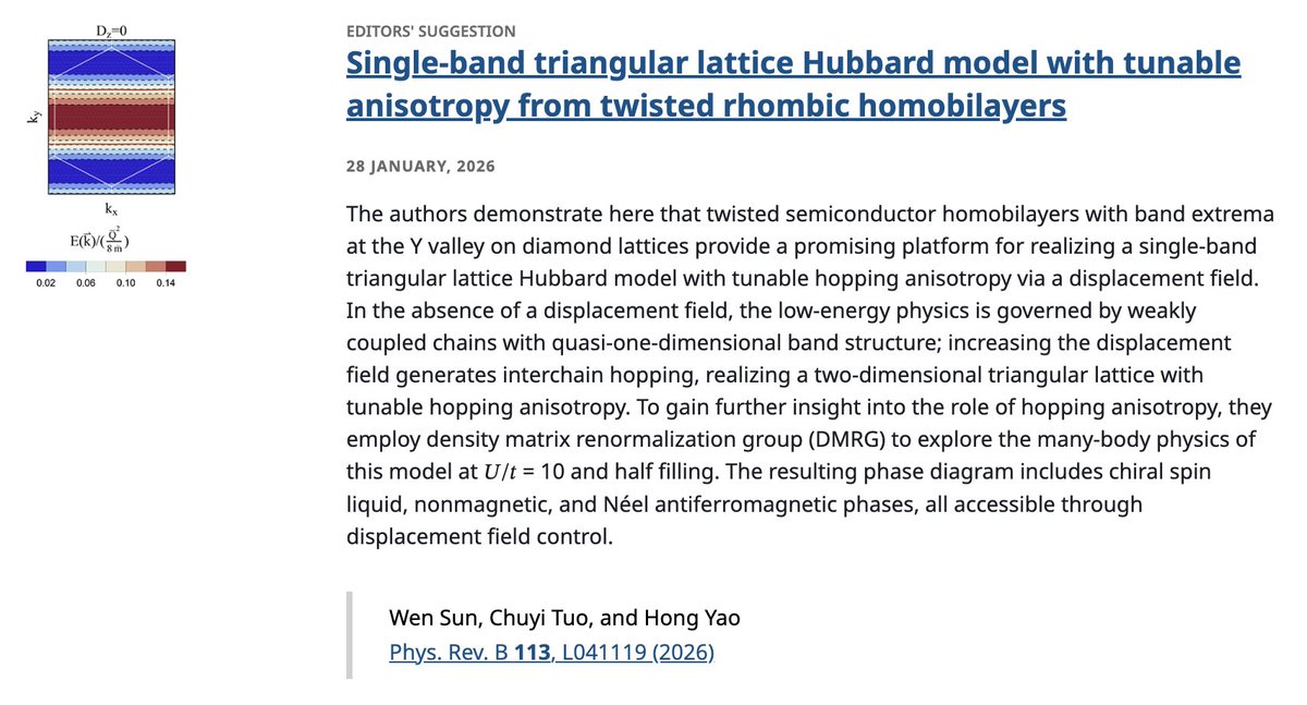PhysRevB's tweet image. PRB Editors' Suggestion: Single-band #TriangularLattice #HubbardModel with tunable #anisotropy from twisted rhombic #homobilayers

Wen Sun, Chuyi Tuo, and Hong Yao
Phys. Rev. B 113, L041119

➡️ go.aps.org/4a880bc
#PRBLetter #EdSugg @APSPhysics #physics #condmat