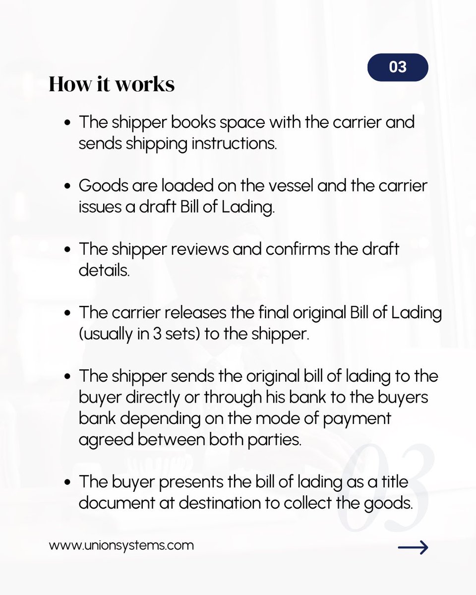 unionsystemshq's tweet photo. Trade Newbie Survival Guide | What is a Bill of Lading?

If “Bill of Lading” is one of those trade terms you have heard about but never fully understand, this is your cue to finally get it right. 😉

#tradefinance #billoflading #tradeterms #unionsystems https://t.co/vOY4yKsqWP