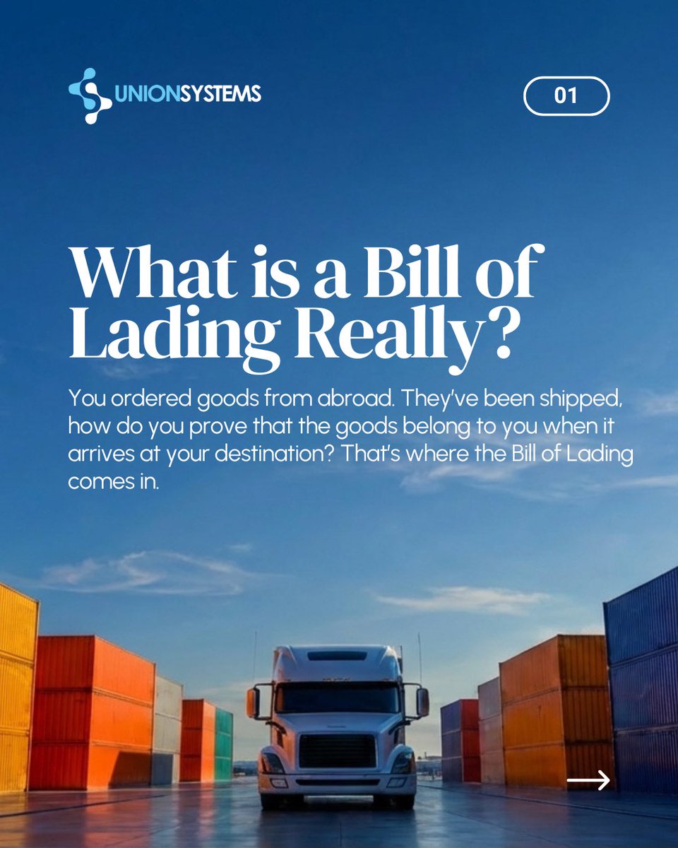 unionsystemshq's tweet photo. Trade Newbie Survival Guide | What is a Bill of Lading?

If “Bill of Lading” is one of those trade terms you have heard about but never fully understand, this is your cue to finally get it right. 😉

#tradefinance #billoflading #tradeterms #unionsystems https://t.co/vOY4yKsqWP