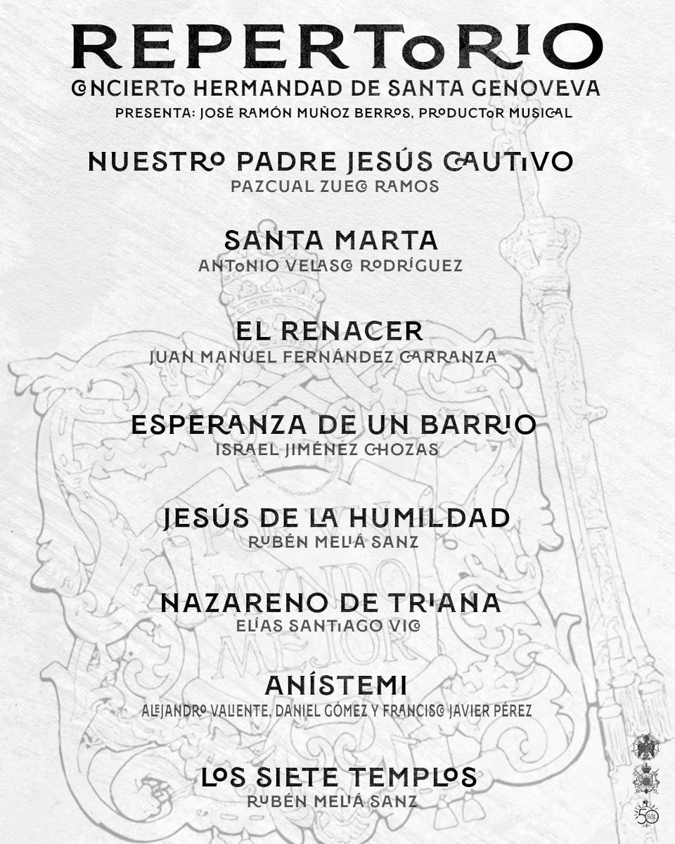 🎶𝐑𝐄𝐏𝐄𝐑𝐓𝐎𝐑𝐈𝐎|| <a href="/hdadstagenoveva/">Santa Genoveva</a> 

🔵 Estas serán las marchas que esta noche interpretemos en la Parroquia de Nuestra Señora de las Mercedes a partir de las 21:00 horas.

💙 ¡Te esperamos! 

#50AñosdeSoL #SonesdeSoL