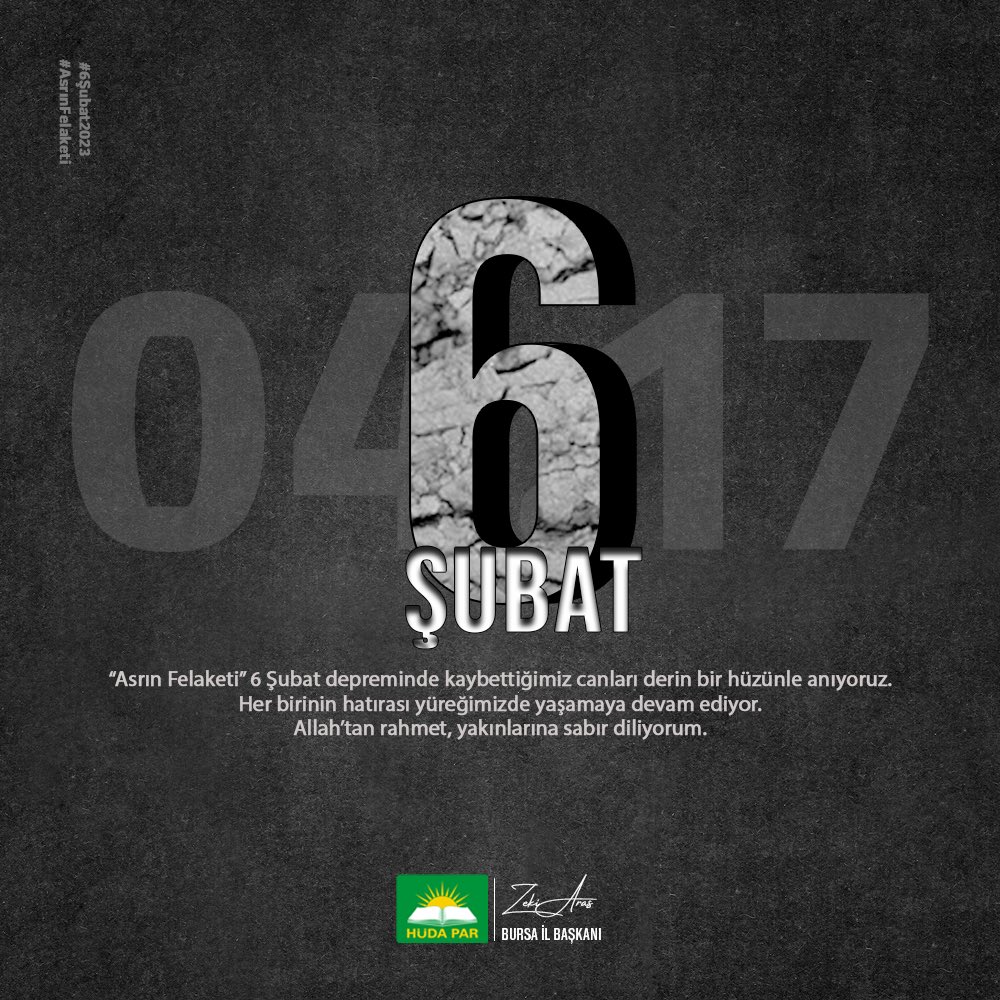 Kahramanmaraş merkezli, 6 ilimizde büyük kayıplar verdiğimiz 6 Şubat depreminin üzerinden tam 3 yıl geçti.

Depremde hayatını kaybeden vatandaşlarımızı büyük bir saygı ve rahmetle anıyoruz.