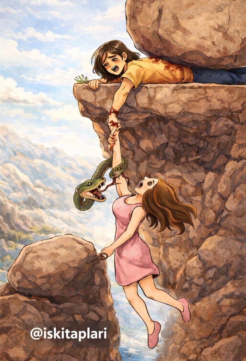 IsKitaplari's tweet photo. 🐍🪨 O, YILANI GÖRMÜYOR… O DA TAŞI GÖRMÜYOR

Adam 👨🏽‍🦱, kadının altında gizlenen yılanı 🐍 bilmiyor.
Kadın 🙍🏽‍♀️, adamın üzerine çöken ezici taşı görmüyor.

Kadın şöyle düşünüyor:
“Düşeceğim… Tırmanamam, yılan 🐍 beni ısıracak.
Neden adam 👨🏼 biraz daha güçlü davranıp beni yukarı çekmiyor?”

Adam şöyle düşünüyor:
“Canım çok yanıyor… Buna rağmen seni bütün gücümle çekiyorum.
Neden sen de biraz daha güçlü tırmanmaya çalışmıyorsun?”

İkisi de korkuyor.
İkisi de acı çekiyor.
İkisi de karşısındakinin yeterince çabalamadığını sanıyor.
Ama hiçbiri, diğerinin sessizce verdiği görünmez mücadeleyi görmüyor.

👉 O, kadının altındaki tehlikeyi görmüyor.
👉 Kadın, adamı ezen ağırlığı görmüyor.

Ve işte… hayat tam olarak bu.

💔 SIK SIK UNUTTUĞUMUZ GERÇEK

İşte…
Arkadaşlıklarda.
Ailede.
İlişkilerde.

Çabayı, gözümüzün gördüğü kadar değerlendiriyoruz,
karşımızdakinin içinde taşıdığı yük kadar değil.

İnsanları sonuçlarla ölçüyoruz,
üzerlerindeki baskıyla değil.

Alamadıklarımızdan şikâyet ediyoruz,
karşı tarafın vermek için ödediği bedeli anlamaya çalışmadan.

💭 Her sessizliğin ardında bir savaş vardır.
💭 Her yavaşlığın ardında bir acı vardır.
💭 Her mesafenin ardında bazen nefesi tükenmiş bir kalp vardır.

⚠️ DERS — BASİT AMA AĞIR

👉 Sen, başkasının maruz kaldığı baskıyı görmüyorsun.
👉 Başkası da senin çektiğin acıyı görmüyor.

O yüzden…

🛑 Öfkelenmeden önce… dur.
🛑 Suçlamadan önce… düşün.
🛑 Vazgeçmeden önce… konuş.

Daha derin düşünmeyi öğren.
Daha geniş görmeyi öğren.
Daha açık konuşmayı öğren.

Çünkü biraz anlayış,
biraz sabır
ve dürüst bir iletişim,

ego ve varsayımların acımasızca yıktığı
pek çok durumu kurtarabilir.

✨ Anlamak, sevmeyi başka türlü öğrenmektir.
✨ Dinlemek, yükü hafifletmektir.
✨ Kalpten konuşmak, gözyaşlarını durdurabilir…
ya da onlara sonunda bir anlam kazandırabilir.

🌱 HAYAT İÇİN İLHAM VEREN TAVSİYELER

✔️ Görmüyorsun diye kimsenin acısını küçümseme.
✔️ Sonuçlara varmadan önce soru sor.
✔️ “İyi değilim” demeyi utanmadan öğren.
✔️ “Elimden geleni yapıyorum” sözünü yargılamadan duymayı öğren.
✔️ Anlayış köprüler kurar, kibir duvarlar örer.

Y. Diallo ✍️