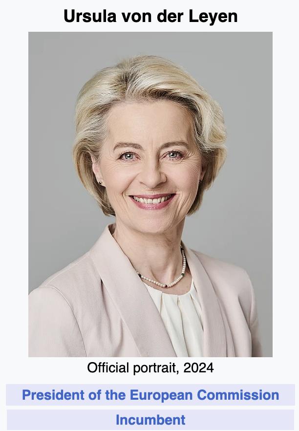 okedeyi's tweet photo. She's Ursula - easy to remember (my polish ex-girlfriend mum also known as Ursula). Ursula Von der Leyen held positions in Angela Merkel's cabinet (2005-2019), mostly as Federal Minister for Defence. Presently she's the President of the EC. She was a student at LSE. #WeBothKnow🫒 https://t.co/3Onn6DxXry