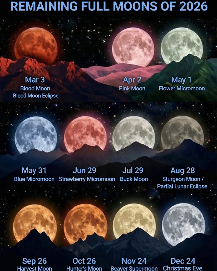 2026 delivers 13 full moons, including a rare monthly Blue Moon and some supermoons.