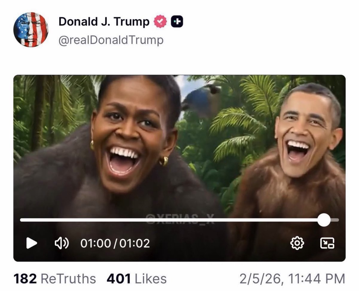 Donald Trump, presidente dos Estados Unidos, postou há pouco um vídeo no qual Barack e Michelle Obama aparecem como macacos. Aparentemente, não há nada melhor para fazer o povo e a opinião pública pararem de chamá-lo de estuprador pedófilo que lembrá-los que ele também é racista.