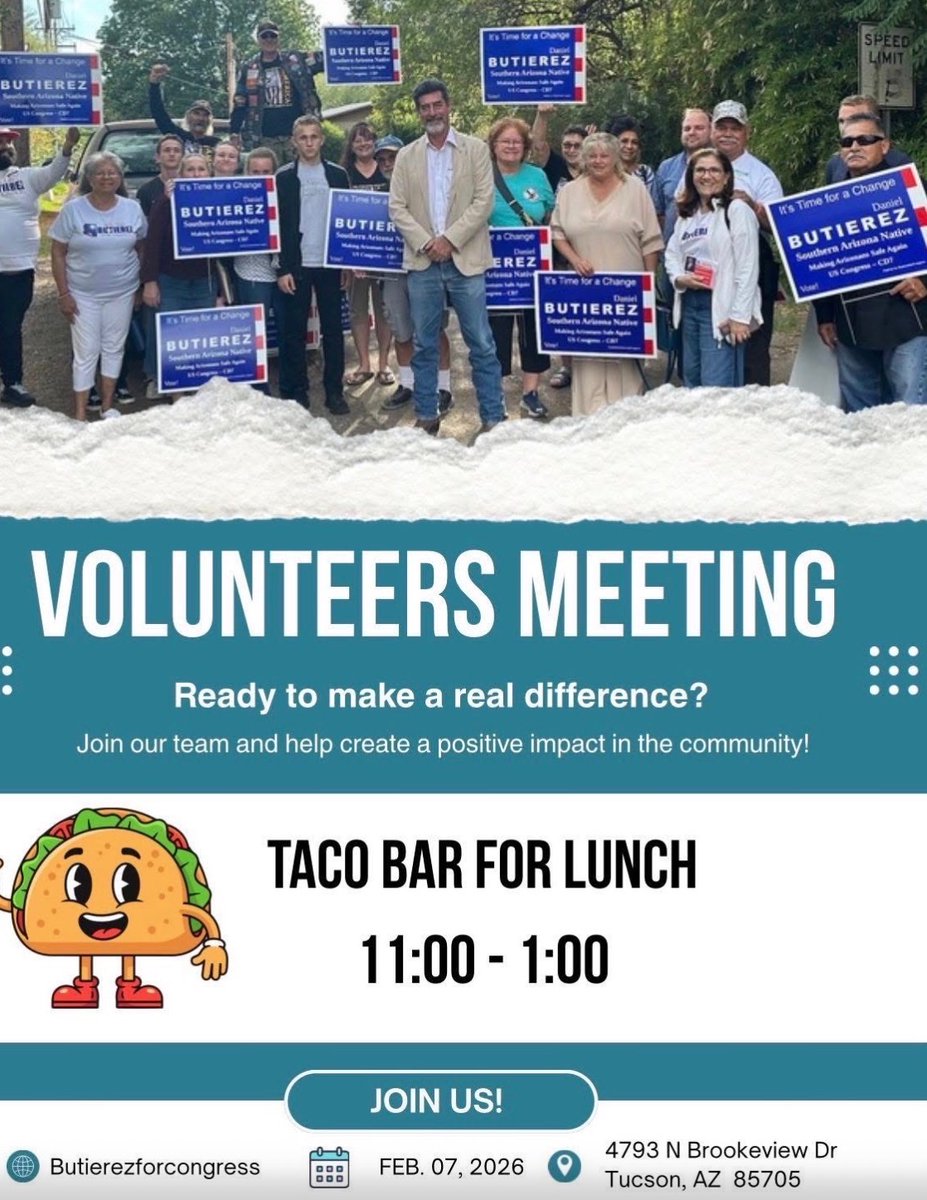 Want to help out on the campaign as a volunteer? Come by tomorrow for a delicious Taco Bar lunch to meet me and learn more about joining the team!