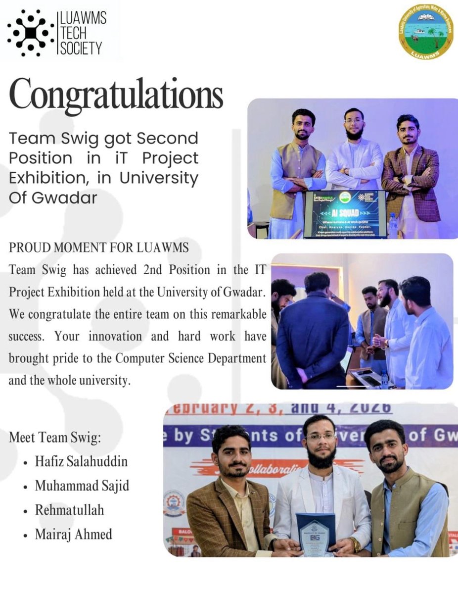Congratulations to the students of Computer Science for securing 2nd Position in the IT project exhibition at University of Gawader. The project was supervised by Ms. Madiha Murad and Dr. Abdul Qayyum HoD computer Science.