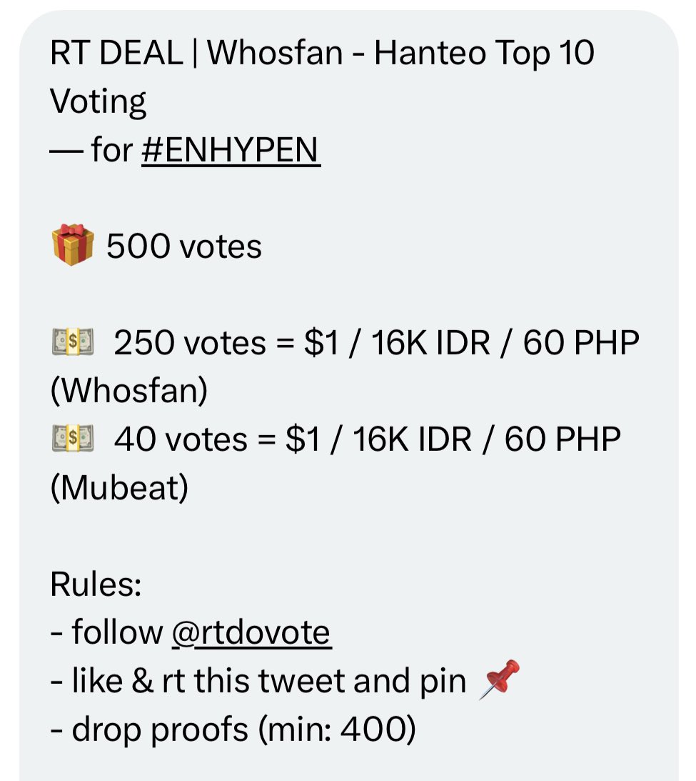 RT DEAL | Whosfan - Hanteo Top 10 Voting
— for #ENHYPEN

🎁 500 votes

💵  250 votes = $1 / 16K IDR / 60 PHP (Whosfan)
💵  40 votes = $1 / 16K IDR / 60 PHP (Mubeat) 

Rules:
- follow <a href="/rtdovote/">RTDO VOTES</a>
- like &amp; rt this tweet and pin 📌
- drop proofs (min: 400)