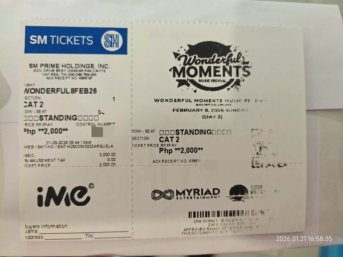 Tarrms's tweet photo. "Selling my bf  [The Wonderful Moments Music Festival ] ticket for Sunday—can’t attend due to unexpected work. Grab it now!"  
#WonderfulMomentsFestival #iMePH #WonderfulMomentsMusicFestival #CreativeVision #iMePhilippines #Myriad #FestivalJourney #OPM #PPOP https://t.co/TV2I9PUcjE