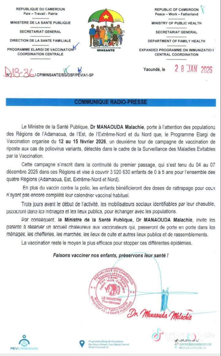 issamarwan3's tweet photo. ⛑️⛑️⛑️Santé pour tous 

Le deuxième tour de la campagne de vaccination de riposte contre la poliomyélite aura lieu du 12 au 15 février dans les régions de l’Adamaoua, de l’Est et de l’Extrême-Nord.

#StopPolio237
#ZeroPolio26EN https://t.co/YpYM8uWseX