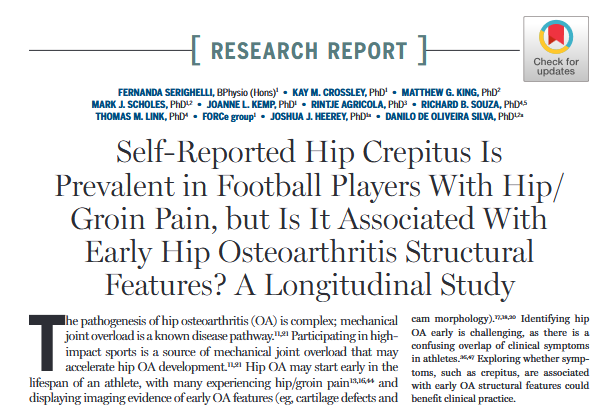 JOSPT's tweet photo. Are those noises coming from your hip associated with early signs of #osteoarthritis 🤔
Our authors engaged footballers with self-reported #Hip #Crepitus and looked to see if they had any structural changes in their hips
#ResearchReport ➡️ https://t.co/c0t1aSIBaN
#yourJOSPT https://t.co/q07uaqwRdU