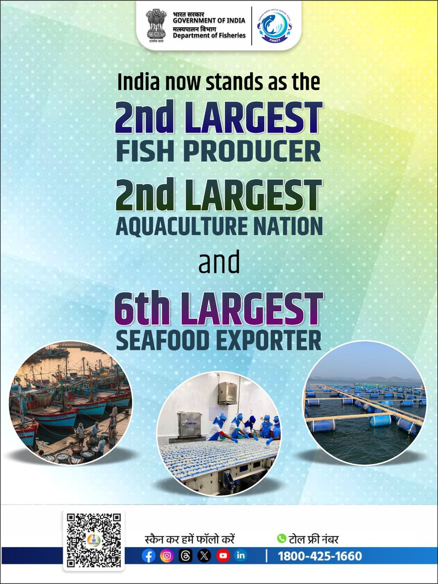 FisheriesGoI's tweet photo. The Department of Fisheries's strategic interventions, targeted policies, and farmer-friendly frameworks contributes in the rise in the production, and growing exports.

#SustainableFisheries #SupplyChain #Achievements https://t.co/0BhPqbfXzC