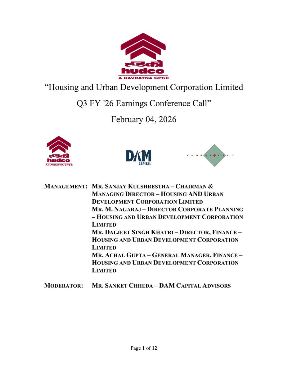 _Investor_Feed_'s tweet photo. HUDCO's Strategic Expansion: ₹2.5 Lakh Cr Pipeline & Diversification into Infrastructure 🏗️📈 | MCap 38,536.58 Cr

- Committed sanction pipeline of ₹2.5 lakh crores.
- Signed MOUs worth ₹7-8 lakh crores.
- Diversifying into infrastructure sectors: metros, airports, water supply, and energy transition alongside housing.
- Aims to reach ₹3 lakh crores loan book by 2030.
- Disbursement target for FY26 is ₹50,000 crores.
- Annual repayments averaging ₹17,000-18,000 crores.
- Net Interest Margin (NIM) projected at 3-3.1% for the year.
- 60% of loan book linked to 1-year reset rates.
- Net NPA reduced to approximately 0.06%, with efforts ongoing to resolve remaining NPAs of around ₹1,600 crores.
- One-time foreign exchange loss of ₹470 crores from FCNR borrowings in 9M FY26, expected to end after Q4 FY26.
- ECB borrowings of ₹10,000 crores fully hedged with average cost around 6%, including hedging expenses.
- Debt-to-equity ratio at 7.28x, with plans to reduce it below 6 through instruments like perpetual debt.
- Government initiatives, such as increased state allocations and urban development funds, expected to boost growth opportunities.

Find Source & similar updates -> https://t.co/dzwAuS2AQX

Disc: Information provided in this tweet can be inaccurate, verify through the source before making any investment decision.

Preview 👇 (First 4 out of 13 pages)
