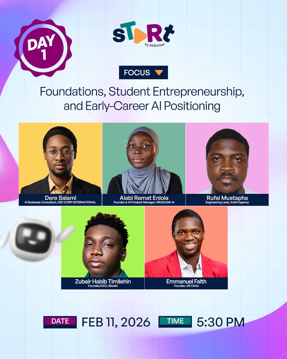 AltSchoolAfrica's tweet photo. sTaRt Day 1 focuses on student entrepreneurship, building strong foundations while positioning yourself early for an AI driven future.

You’ll be learning from speakers who are not just knowledgeable, but are actively shaping products, companies, and careers at the cutting edge of tech and AI.

📌 Date and Time: February 11, 2026
Starting at 5:30 PM, virtual.
Register here: https://t.co/FKd8xMT8YJ