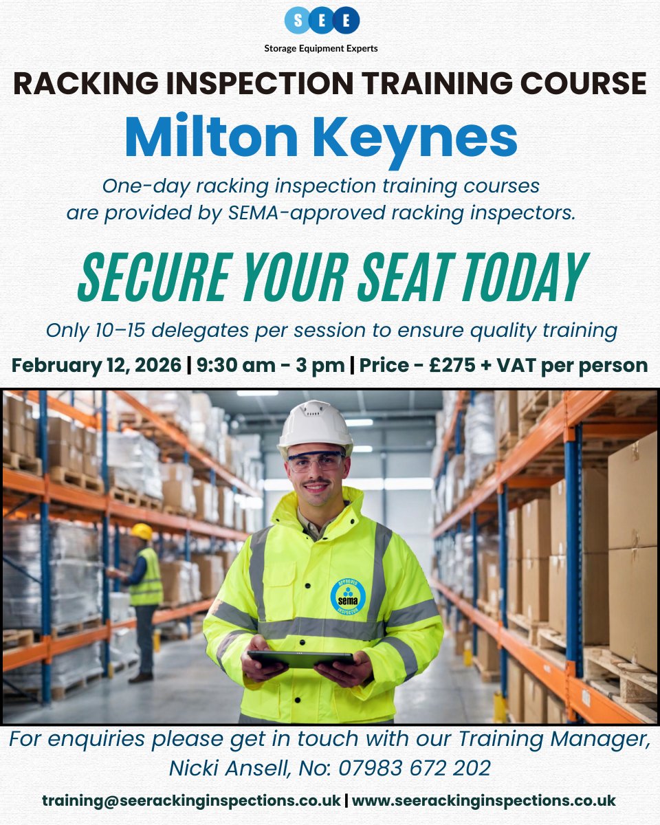 _see_racking's tweet photo. Racking Inspection Training Course - Milton Keynes

📍 Location: Milton Keynes, UK
📅 Date: 12 February 2026
⏰ Time: 9:30 AM – 3:00 PM
💷 £275 + VAT per person

👉 Secure your seat today:
https://t.co/Vrgg7gBqgQ

📞 For enquiries: Nicki Ansell – 07983 672 202 https://t.co/grZG9xvxHn