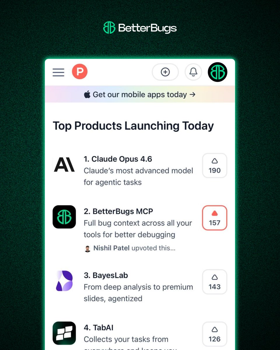 WE ARE #2 ON <a href="/ProductHunt/">Product Hunt 😸</a>  RIGHT NOW 🔥
So close to #1 we can taste it.

We didn't build BetterBugs MCP to win Product Hunt.
We built it because debugging while vibe coding was killing our flow.

BUT.

Being #1 would mean more developers see this.
More people discover there's a
