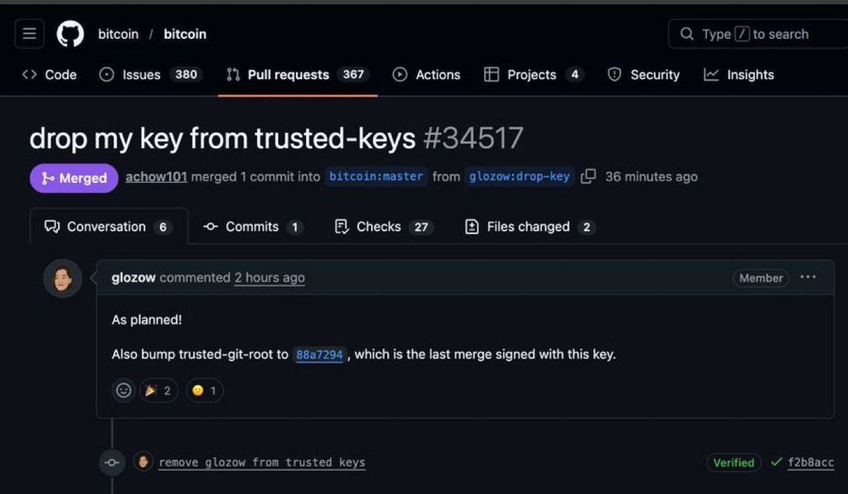 ethhn7's tweet photo. ⚠️🇺🇸🪙 BREAKING: One of Bitcoin's 6 supreme code guardians just quit. Urgently.

Gloria Zhao (glozow) is out. Her trusted key is gone from the Core repo.

Official reason: "as planned"
Unofficial context: Her name surfaced in connection with the Epstein network via former colleagues.

When a top maintainer flees, it's never just a "personal decision."
It's the smell of discovery. The elite are shuffling.

Watch closely.
#Bitcoin #Epstein #EpsteinFiles #Crypto