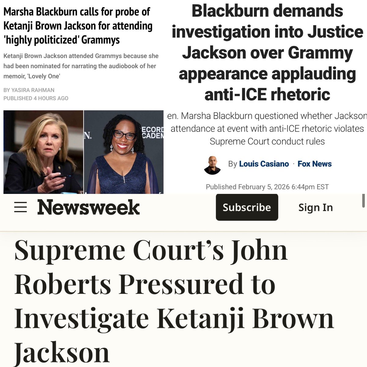 So absurd — with all the corruption on the supreme court, <a href="/MarshaBlackburn/">Sen. Marsha Blackburn</a> wants Justice Ketanji Brown Jackson investigated for going to the Grammys, because they said mean stuff about her puppet master’s goons

(As Marsha passes laws to stuff her own pockets with taxpayer cash)