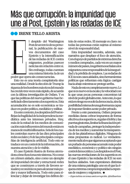 itelloarista's tweet photo. ¿Qué tienen en común los despidos del Post,  el caso Epstein y las redadas del ICE?

Concentración extrema de riqueza + control de medios de comunicación y poder en total impunidad.

El informe de @oxfammexico da la clave sobre esto.
@El_Universal_Mx  

https://t.co/LGM5hJwT71 https://t.co/CrVm2cgSQ3