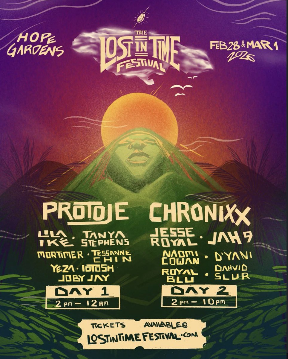 LostInTimeFest's tweet image. Lost In Time Festival returns to Hope Gardens, Kingston.
Feb 28 &amp;amp; Mar 1, 2026.

Day 1 runs 2PM–12AM.
Day 2 runs 2PM–10PM.

Two days of reggae music, culture, and community.
Tickets at lostintimefestival.com
#LostInTimeFestival #LIT2026