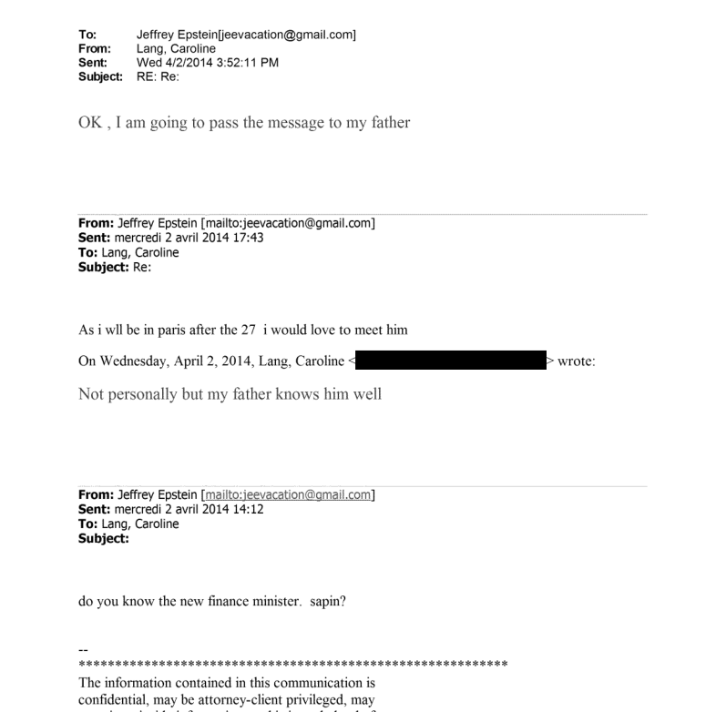 lfb_jules's tweet photo. Selon un échange daté d'avril 2014 avec Caroline Lang, Jeffrey Epstein aurait souhaité rencontrer Michel Sapin alors ministre de l'économie et que "Jack Lang connaît bien". 
Source : https://t.co/n0vmw5BOiw https://t.co/K68T4mNLoN