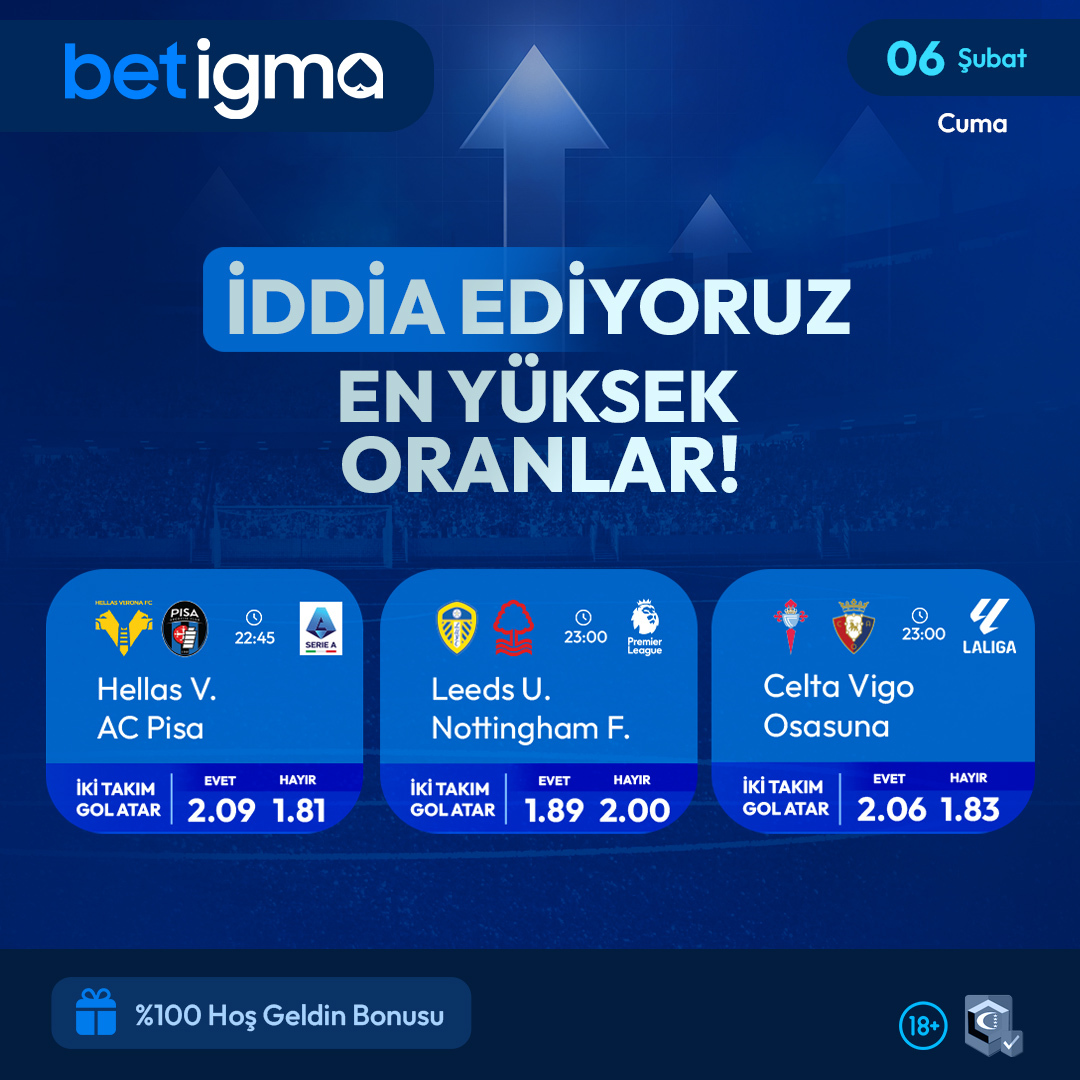 Günün öne çıkan maçları.
06 Şubat Cuma
• Hellas V. 🆚 AC Pisa
• Leeds U. 🆚 Nottingham F.
• Celta Vigo 🆚 Osasuna

🔗 Betigma Giriş: t2m.io/xbetigma
🎁 %100 Hoş Geldin Bonusu Betigma’da.

#Betigma  #Futbol #YüksekOranlar