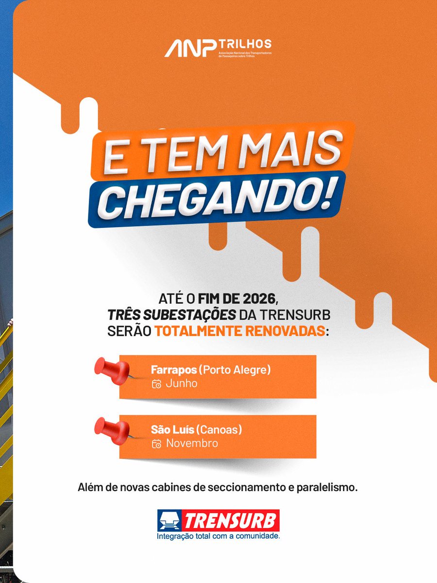 ANPTrilhos's tweet photo. A Subestação Fátima, em Canoas, já opera com um novo eletrocentro.
E vem mais por aí: outras duas serão modernizadas ainda este ano.
➡️ Arraste o carrossel e veja como essas melhorias tornam sua viagem mais segura e eficiente.
#Trensurb #ANPTrilhos https://t.co/ezvQ50Fvar