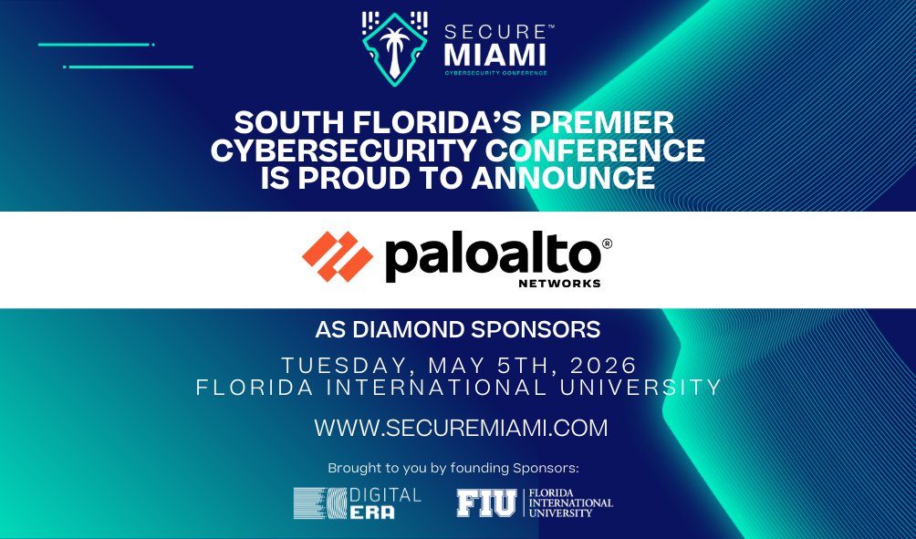 Secure_Miami's tweet photo. Welcome @PaloAltoNtwks as a Diamond Sponsor of #SecureMiami2026!
Leading the charge in AI-powered cybersecurity, cloud &amp; network defense.
Proud to partner with a true industry powerhouse.
#Cybersecurity #MiamiTech #DigitalEra

📅 May 5, 2026 | 📍 FIU
🔗 https://t.co/cE7CPvUXap https://t.co/QxfhWRQSuh