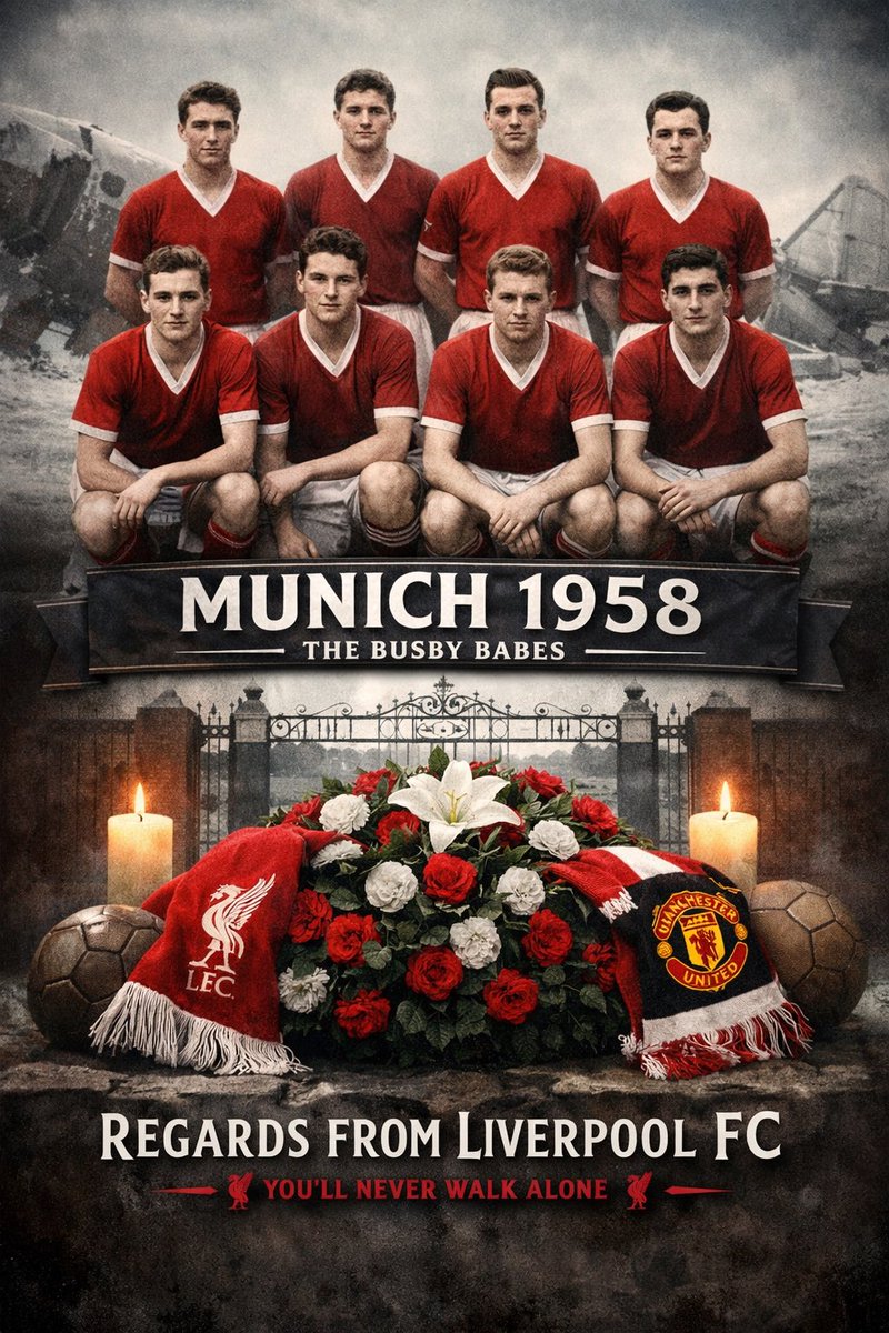 From Liverpool supporters, Munich is a name spoken softly, with respect that goes far beyond rivalry. We remember the Busby Babes not as opponents, but as young men who carried dreams, families, and a future that never got the chance to fully unfold. Football stopped being about