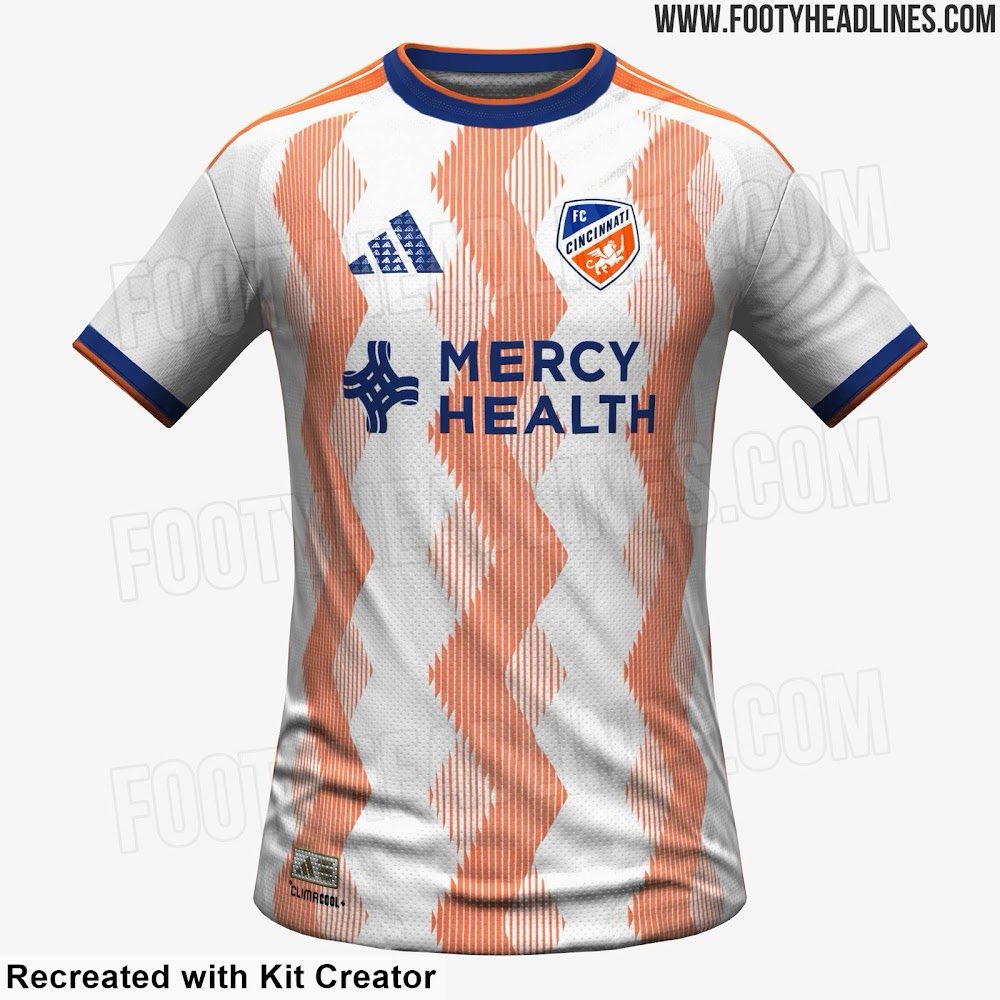 FC Cincinnati leaked kit via <a href="/Footy_Headlines/">Footy Headlines</a>, that is being unveiled Feb. 10th.

White base, bold orange geometry, navy accents.

Hit or miss? What do you think, FCC fans?

#AllForCincy #FCCincy