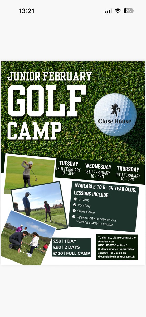 timcockill's tweet photo. Limited places still available for February Half Term Golf Camps @CloseHouseGolf call 01661 852255 option 3 to reserve a place. 
tim.cockill@closehouse.co.uk https://t.co/qN9peATIS7