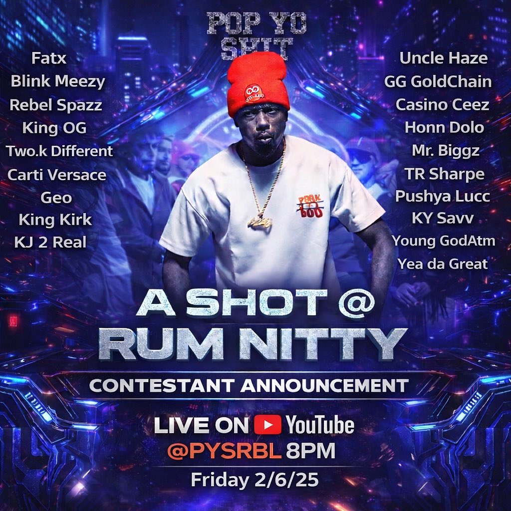 PopYoShitRBL's tweet photo. 🗣️🗣️🗣️TONIGHT ON #Youtube WE WILL BE LIVE ANNOUNCING THE CONTESTANTS FOR #AShotAtRum BATTLE TOURNAMENT ‼️‼️TUNE IN 8PM‼️‼️‼️‼️🥃🥃🥃👽👽👽 https://t.co/AooiU3j8O3