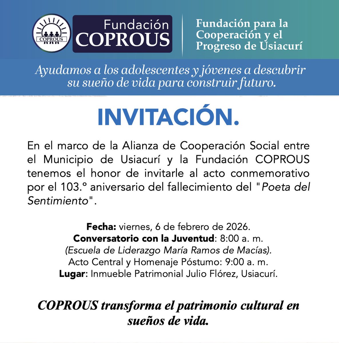 ongcoprous's tweet photo. Te esperamos en la sede de la Fundacion COPROUS para el "Conversatorio con la Juventud". ¡En la Fundación COPROUS, creemos que la historia es el mejor fertilizante para el futuro!🌻🎉

📍Lugar: Sede de la Fundación COPROUS. ⏰Te esperamos desde las 8:00 a. m. https://t.co/TIURWZ7voo