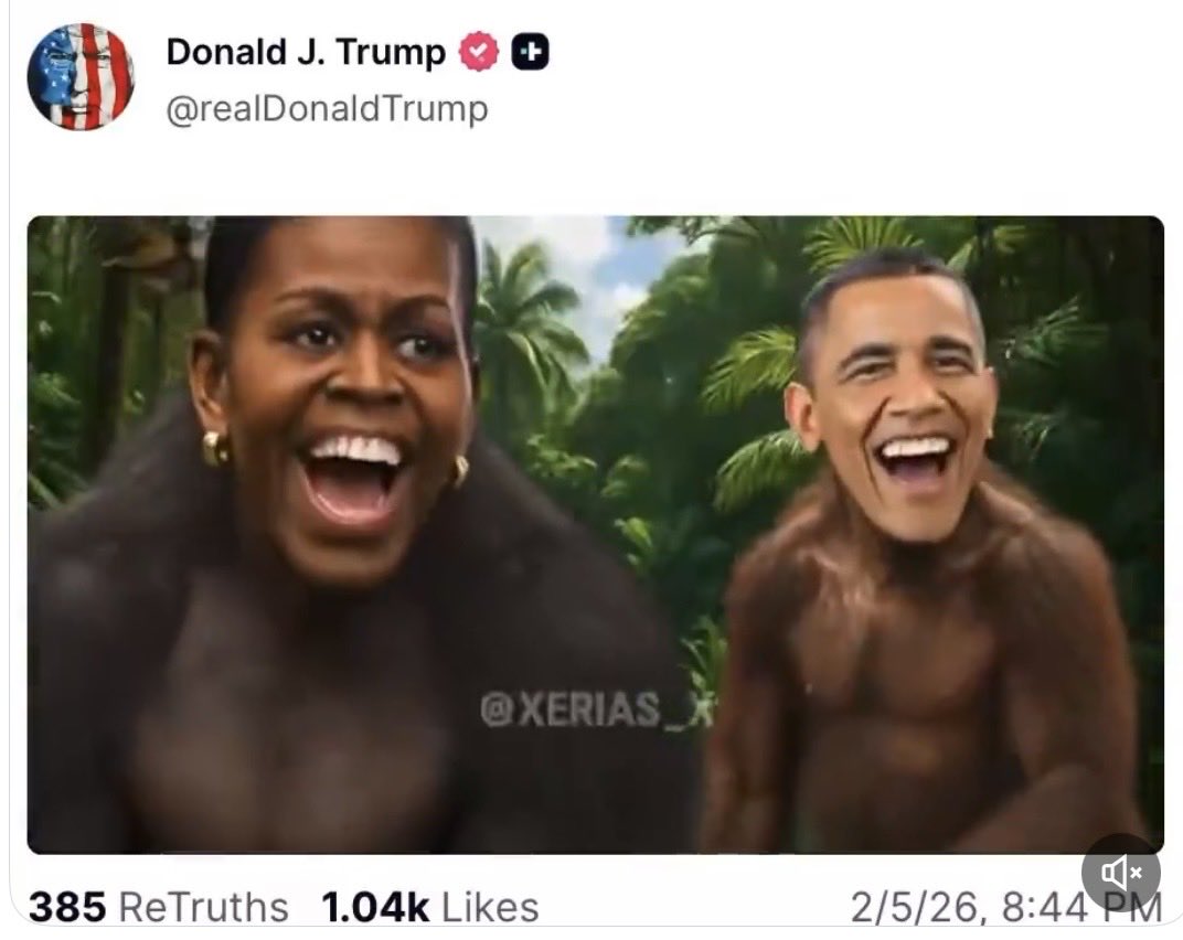 JeffPawlinski's tweet image. I’m old enough to remember when the photo on the left was enough to destroy a presidential campaign. But Trump posts outright racist images of the Obamas and America just calls it “Friday” My Goodness, how far we’ve fallen.