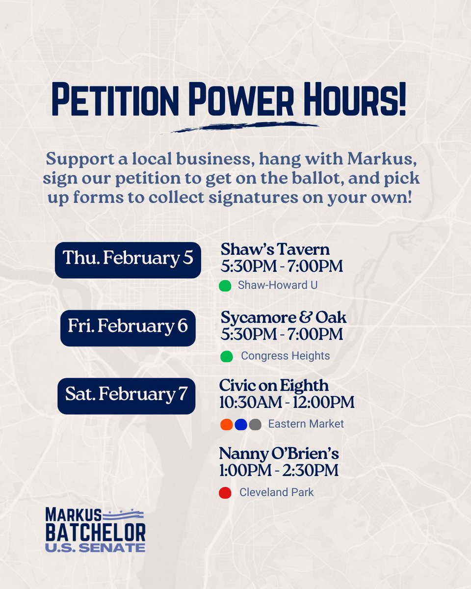 We are still celebrating <a href="/MarkusforDC/">Markus Batchelor</a> and collecting signatures to get him on the ballot, for DC’s Statehood Senator! Join the <a href="/BatchelorforDC/">Markus Batchelor for Senator</a> at  Sycamore &amp; Oak, today at 5:30 PM for $5 Friday’s &amp; All Day Happy Hour at Dionne’s Good Food.