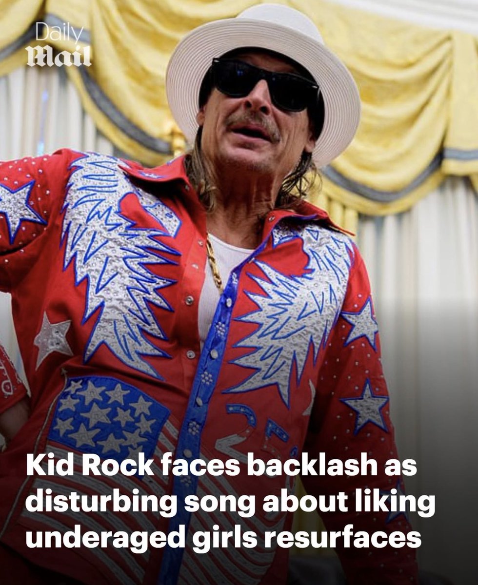 AnnieForTruth's tweet photo. “Kiddie” Rock likes underage girls, just like Trump. 🤮 “young ladies, young ladies, I like ‘em underage, see some say that’s statutory, but I say it’s mandatory.” Kid Rock will be the headliner for Erika Kirk’s TPUSA halftime show that she says is family-friendly, values driven! https://t.co/fQmGsKyTVa