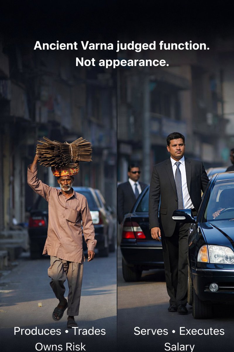 A comb seller walking the streets is Vaishya.
A suited babu in a ₹1-crore car, living on salary, is Shudra.

Ancient Varna was about function.
Colonial India made it about costume. ⚡🧠
#Decolonisation