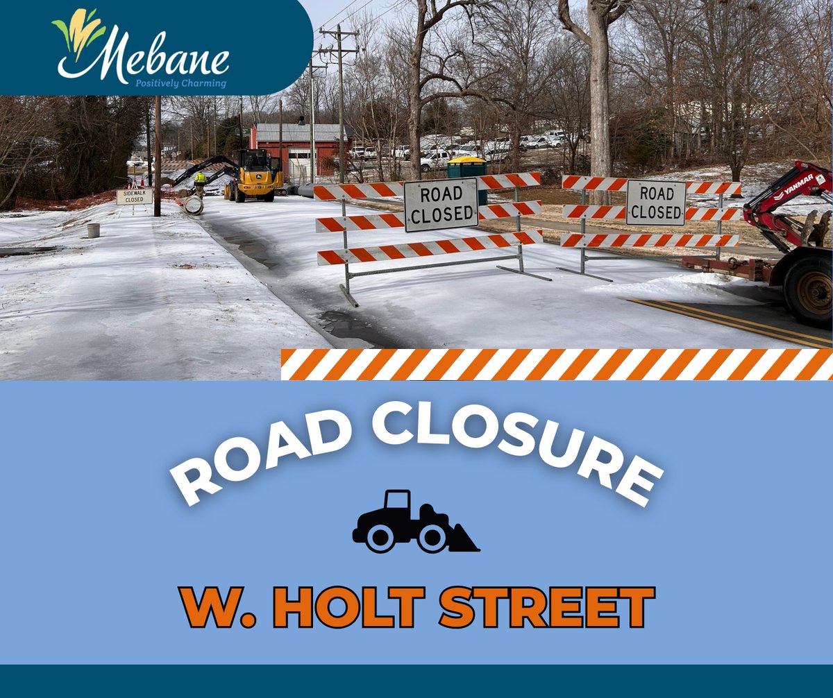 𝐑𝐄𝐌𝐈𝐍𝐃𝐄𝐑: NCDOT culvert pipe repairs will keep a portion of W. Holt Street closed for several weeks. The closure is just past Holt Street Park near Mebane Auto Sales.

➡️ Detour: Moore St. → Hwy 70 → Third St.

Holt Street Park remains open.

#RoadClosure #NCDOTRepair