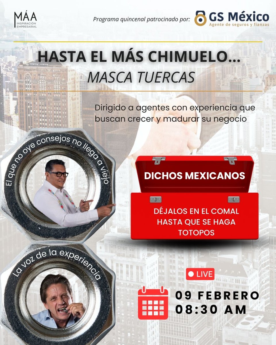 𝑯𝑨𝑺𝑻𝑨 𝑬𝑳 𝑴𝑨́𝑺 𝑪𝑯𝑰𝑴𝑼𝑬𝑳𝑶 𝑴𝑨𝑺𝑪𝑨 𝑻𝑼𝑬𝑹𝑪𝑨𝑺 
La voz de la experiencia, dirigido a agentes con experiencia que buscan crecer y madurar su negocio🎖️
Dichos Mexicanos: DEJALOS EN EL COMAL HASTA QUE SE HAGA TOTOPOS
🗓️09 de FEBRERO a las 8:30 am⏰
¡Te esperamos!