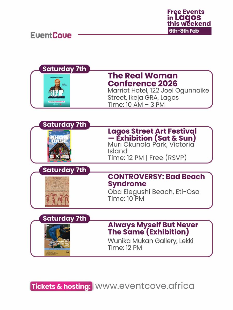 eventcoveafrica's tweet photo. You need to step out, but you're trying not to spend.
This week has been a lot.
Free events happening this weekend.
Come outside, gently.
Send a DM or visit https://t.co/XCdbtzkBqz for more
#FreeEventsInLagos #ThingsToDoInLagos #LagosWeekend #EventCove #free #events https://t.co/sIIgQxewUG