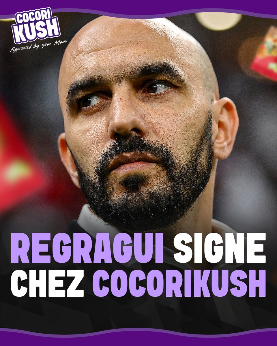 Cocorikush's tweet photo. 🚨 OFFICIEL 🚨
 Walid Regragui signe chez Cocorikush comme ambassadeur.  

Reconversion inattendue, bienvenue coach.💜

#actu #new https://t.co/uknNUWjeO3